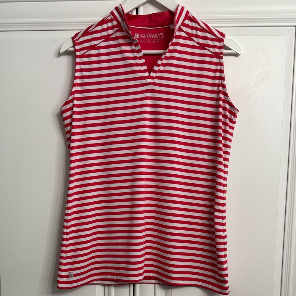 Fairways Size Large Sleeveless V-Neck Delux Dri Golf Shirt Red and White Stripes
